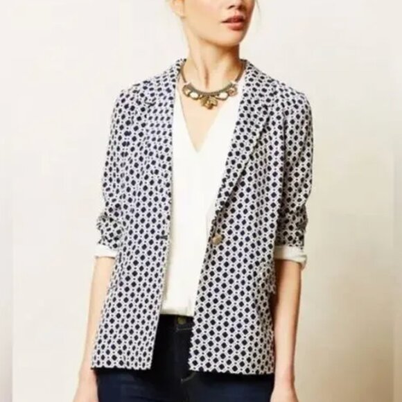 Cartonnier | Anthropologie Navy Southwark Blazer Geometric Print | Size Small - Picture 1 of 14
